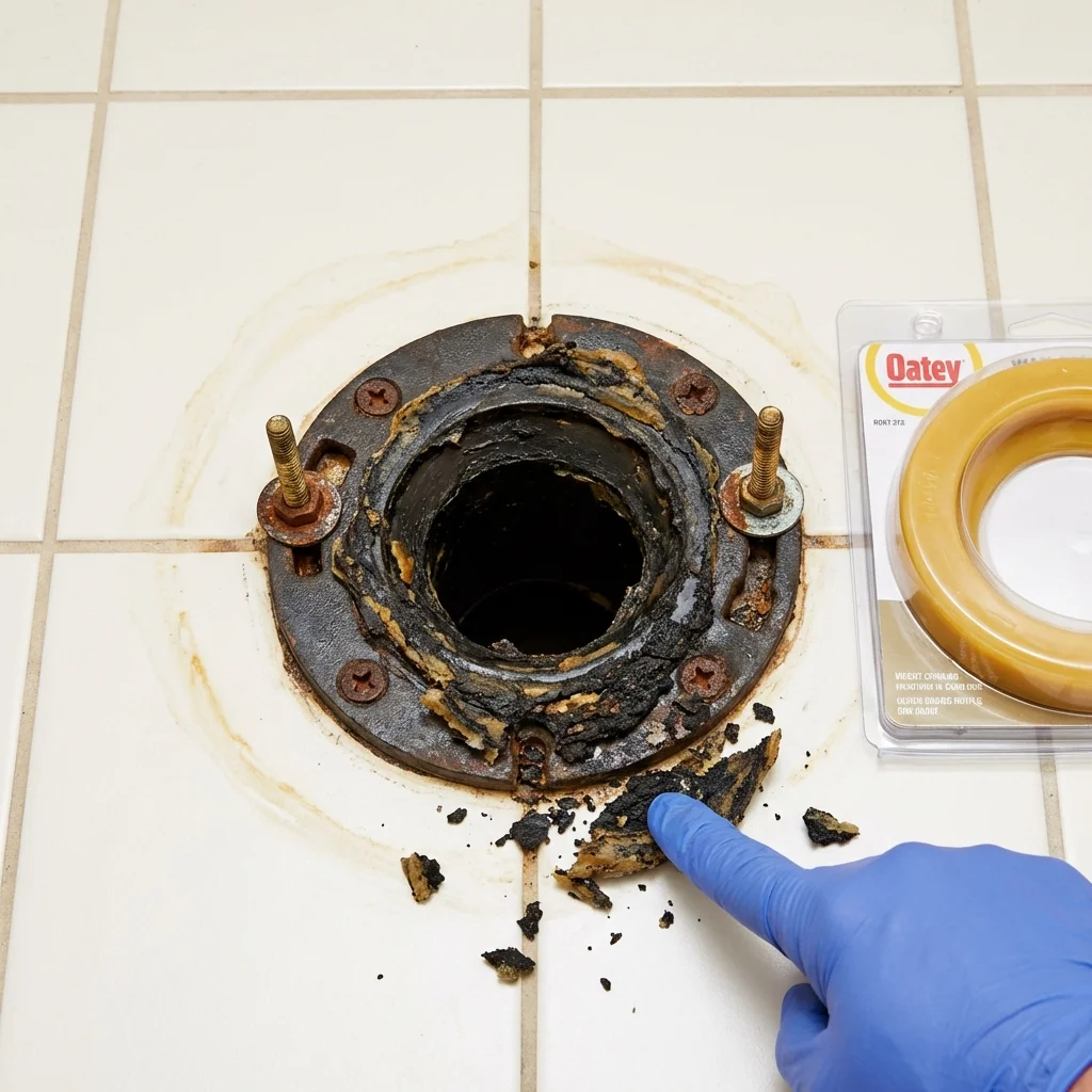 Failed wax ring showing water seepage at the base of a toilet in a Virginia City, MT home