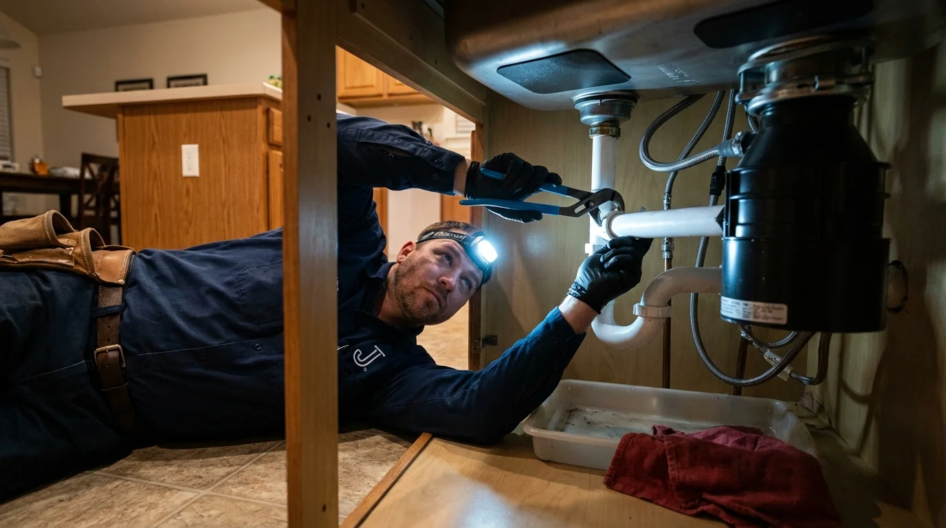 P-trap and supply line connections under a kitchen sink showing a common leak point in Virginia City, MT